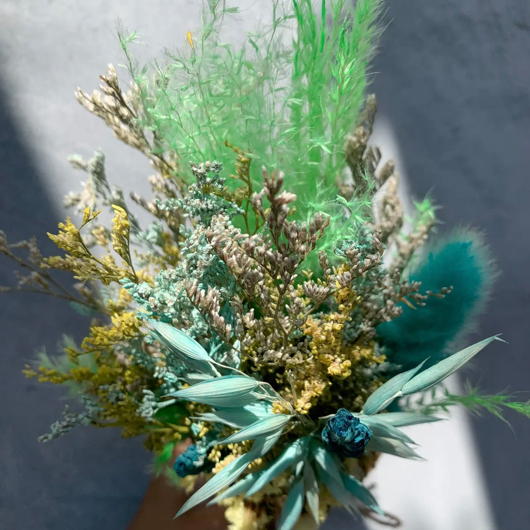 Assorted Vibrant Dried Flowers Burlap Bouquet