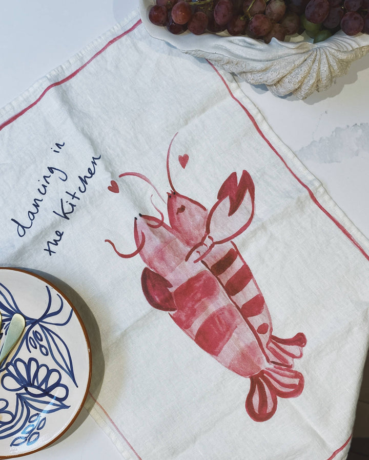 Kitchen Dancing - Lobster Print Linen Teatowel