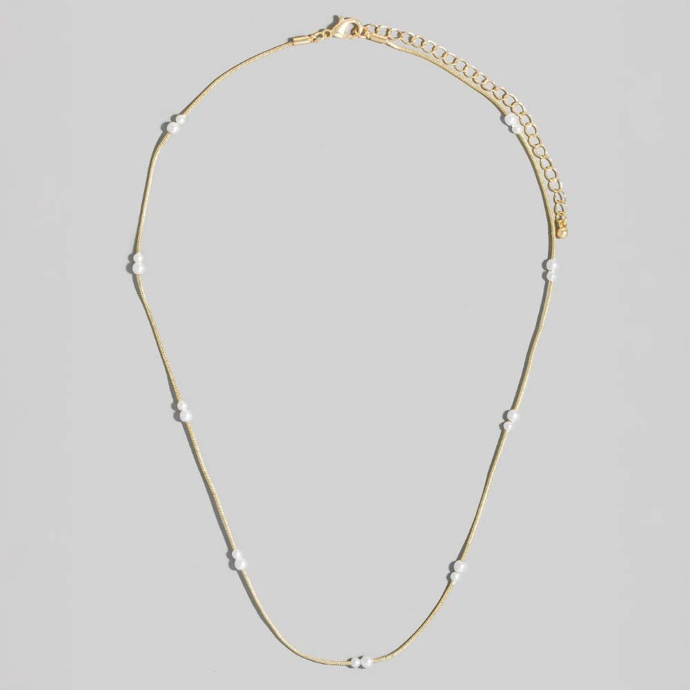 Pearl Station Beads Dainty Box Chain Necklace: Gold