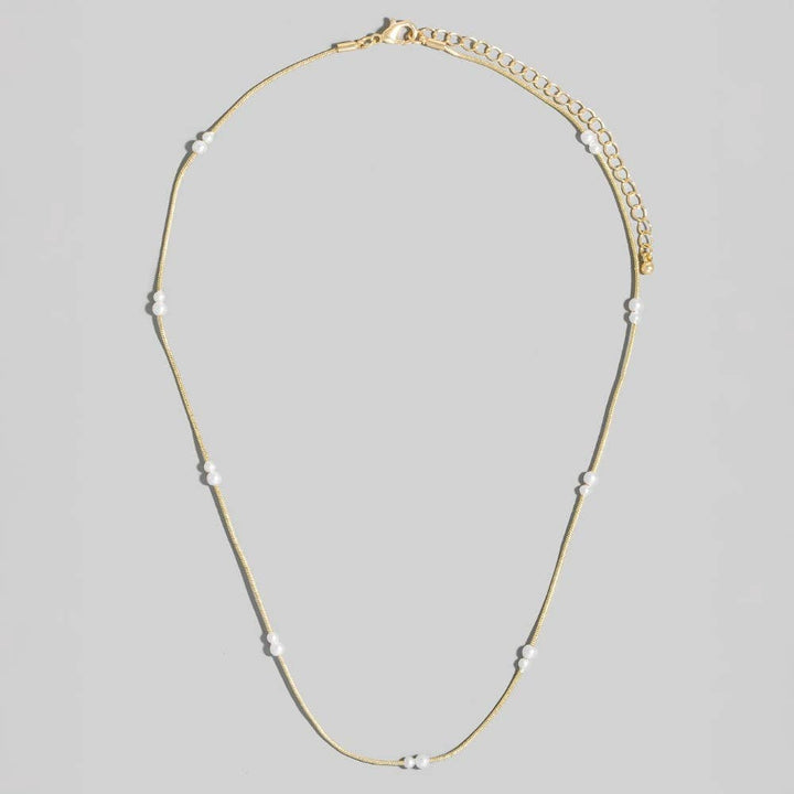 Pearl Station Beads Dainty Box Chain Necklace: Gold