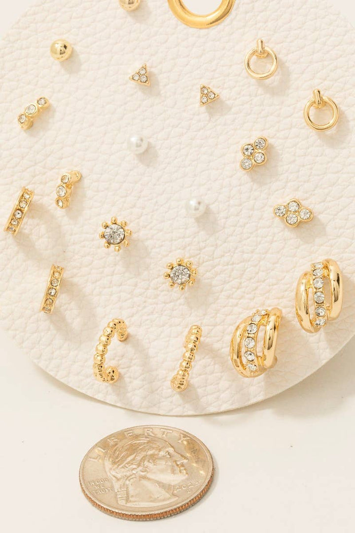 Mixed Pearl And Gem Stud And Hoop Earrings Set: Gold
