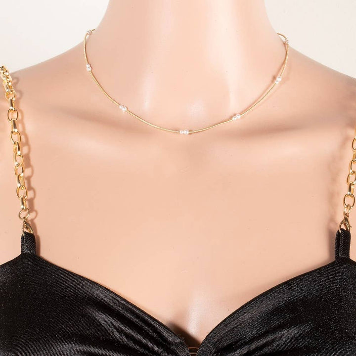 Pearl Station Beads Dainty Box Chain Necklace: Gold