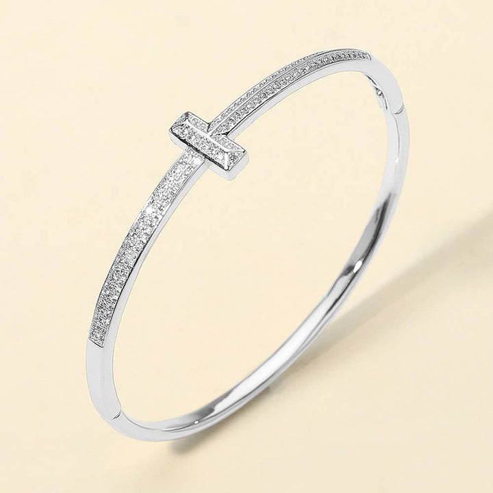 Gold Plated CZ Stone Paved T-bar Hinged Bangle Bracelet: Gold