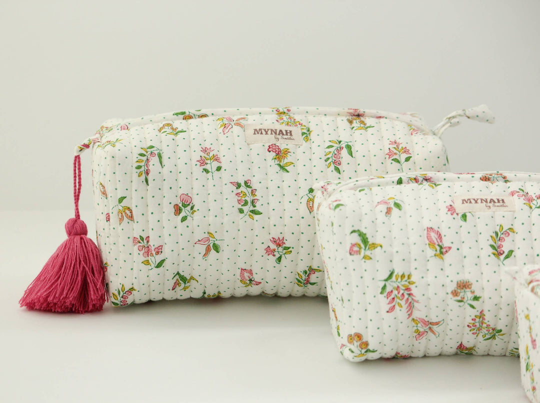 Quilted block print floral travel cosmetic bag