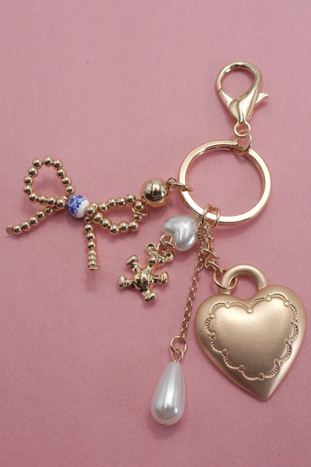 Porcelain Bow Heart Teddy Bear Pearl Bag Charm