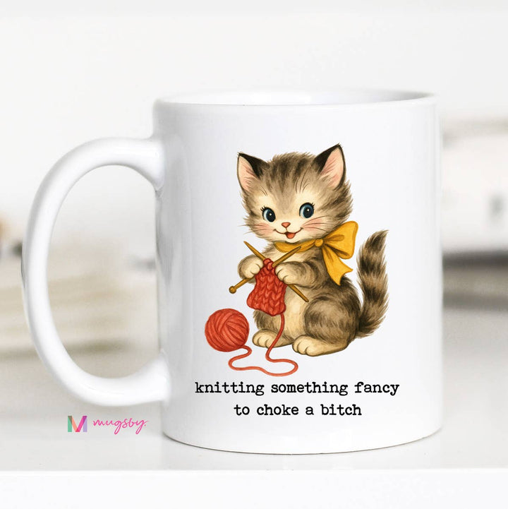 Knitting Something Fancy Funny Cat Mug for Makers: 11oz / Black rim/handle