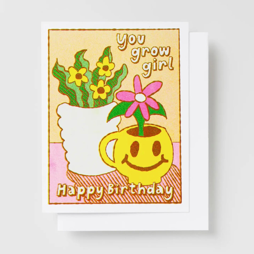 Hbd You Grow Girl Smiley Face Plant Risograph Card