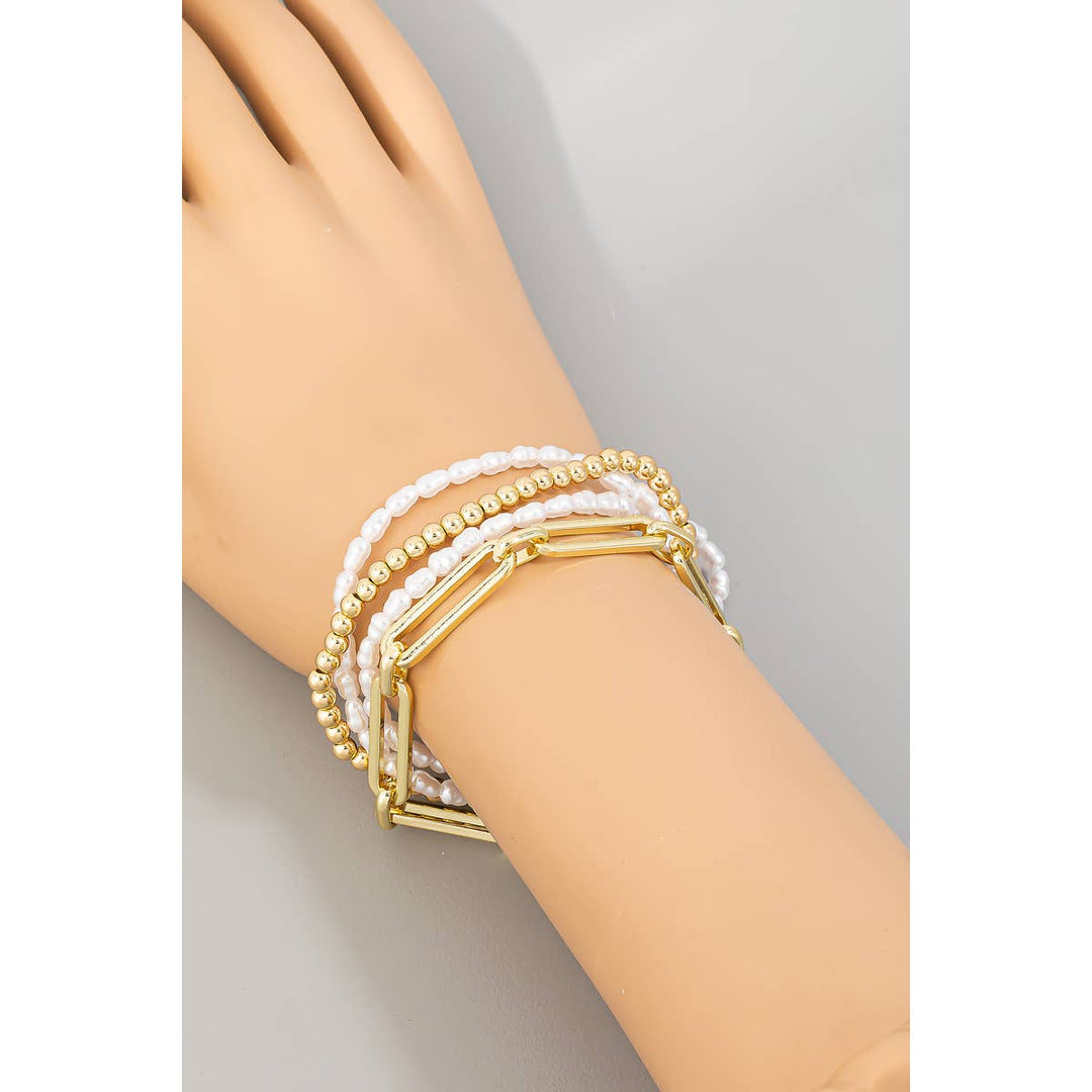 Assorted Pearl Bead Chain Bracelet Set: Gold