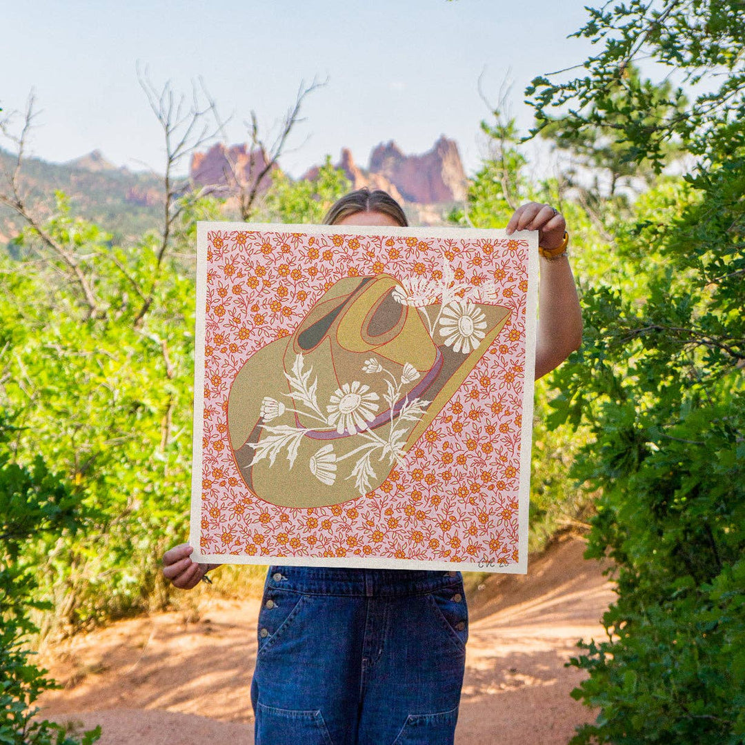 8"x8" Brown and Pink Cowboy Hat Floral Art Print: