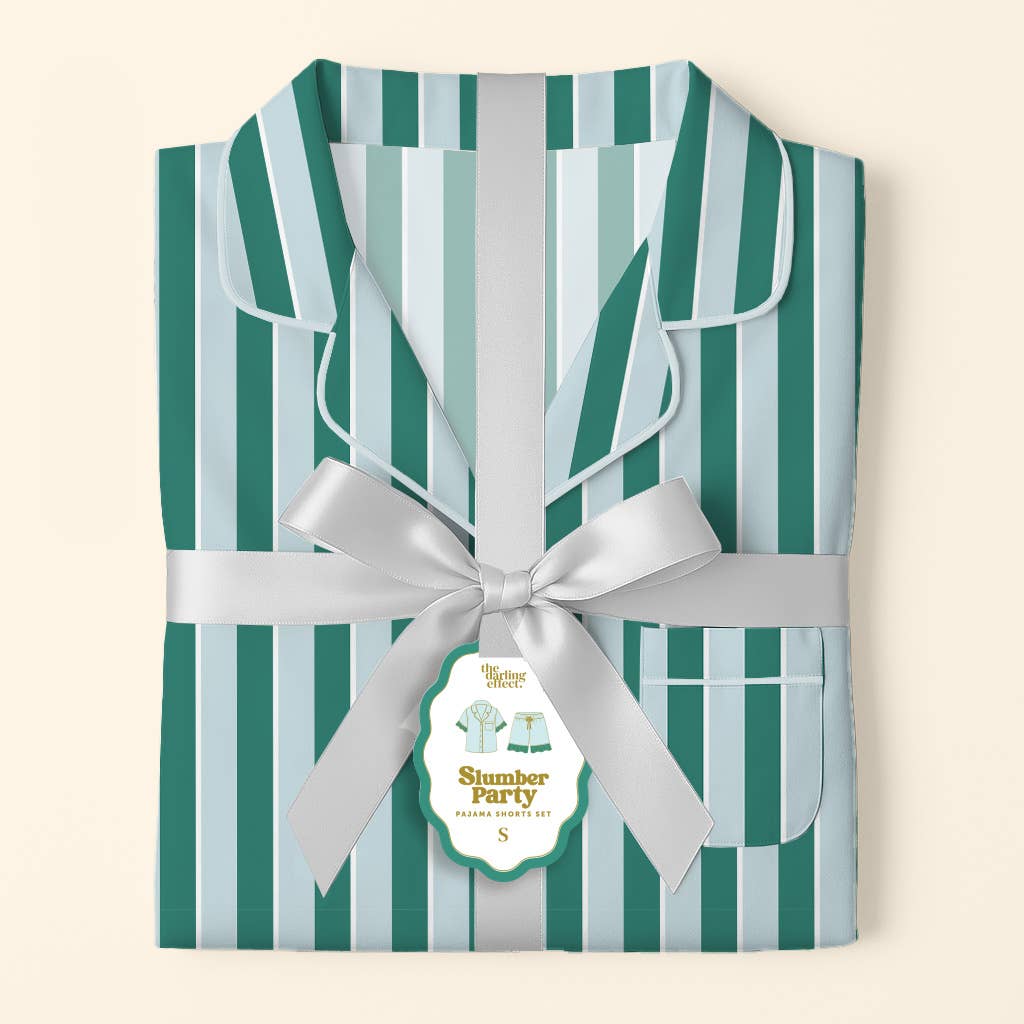Large- Slumber Party Pajama Shorts Set–Sicily Stripes Teal