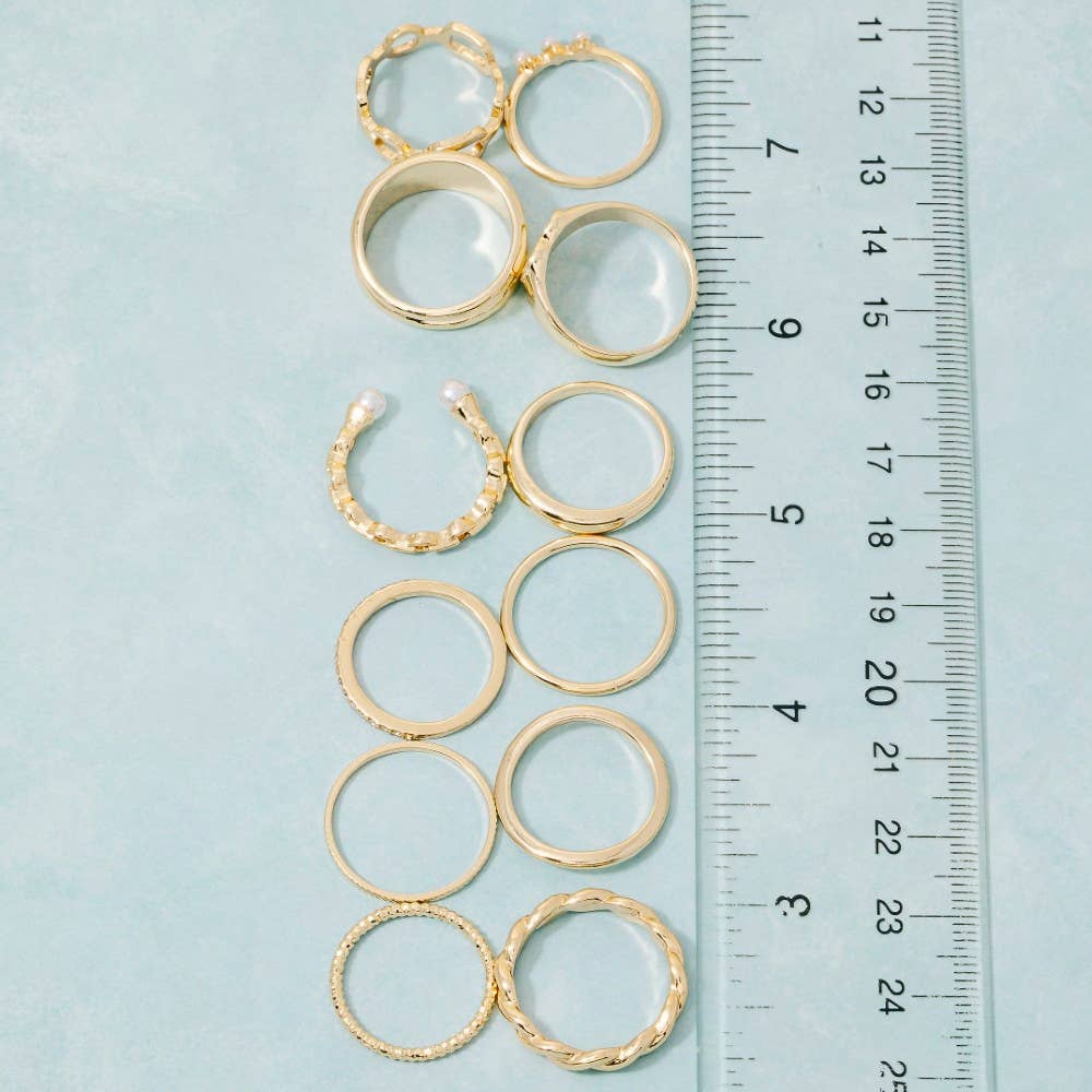 Twelve Piece Assorted Mother Of Pearl Heart Ring Set: Gold