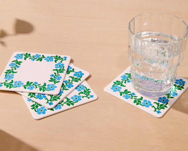 Cross Stitch Flower Vellum Coasters - Blue/Green (Set of 4)