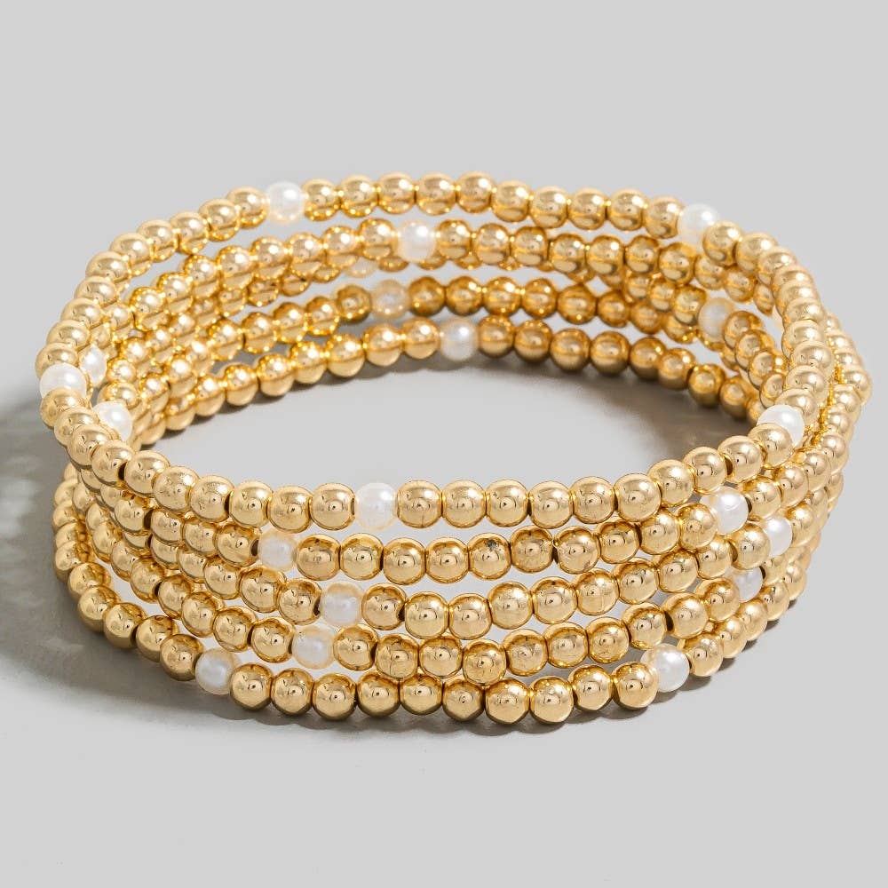 5 Piece Pearl And Metallic Beaded Bracelet Set: Gold