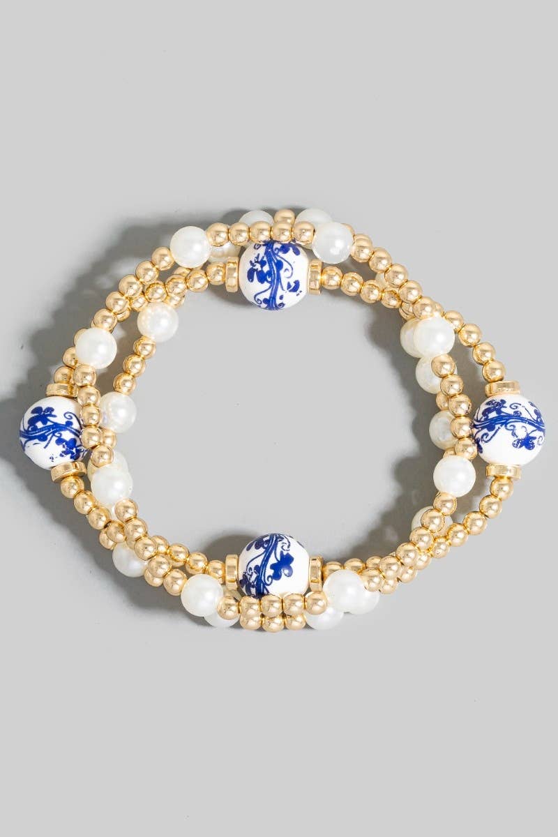 Floral Ceramic And Pearl Beaded Bracelet Set: Gold