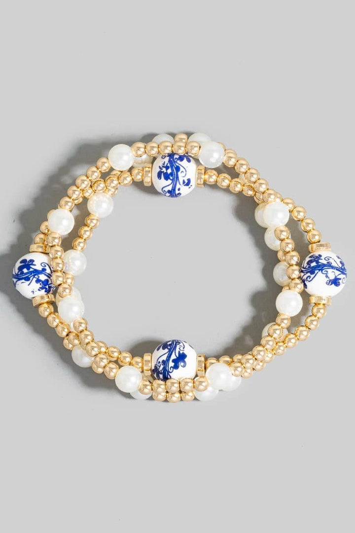 Floral Ceramic And Pearl Beaded Bracelet Set: Gold