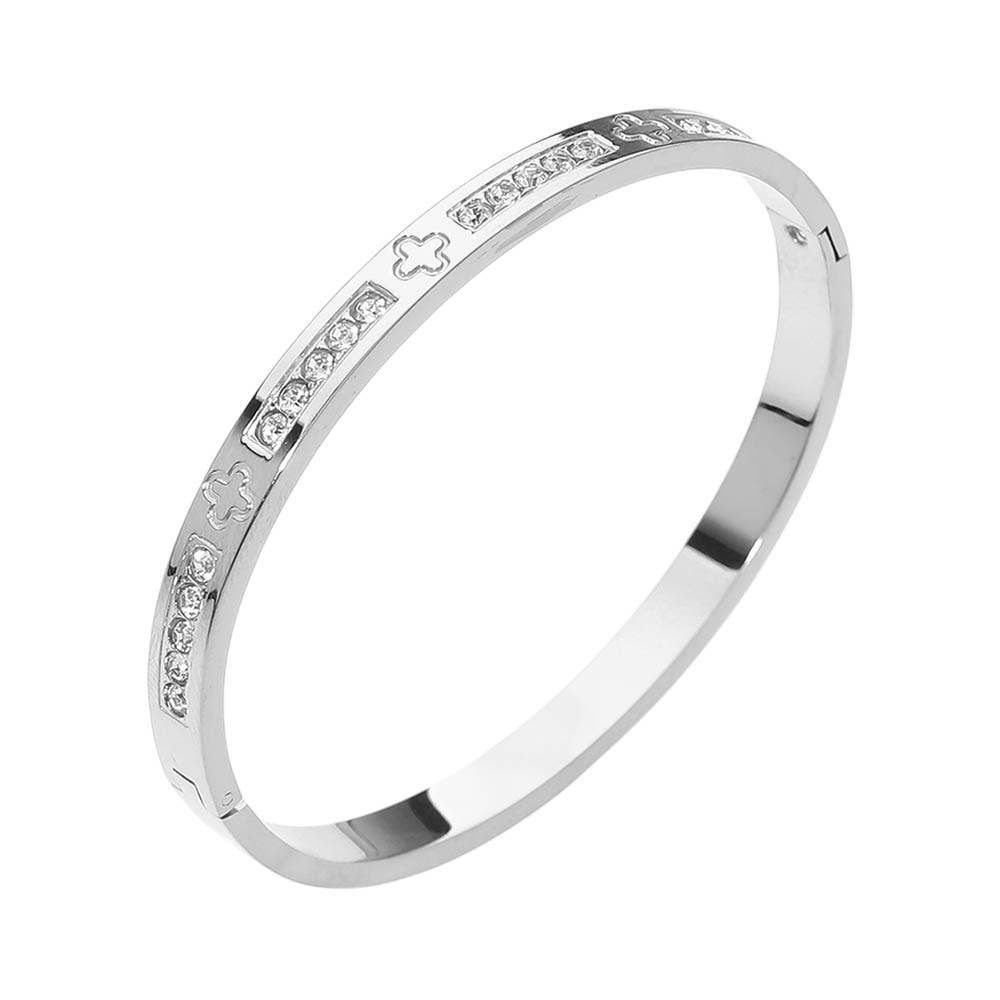 Stainless Steel CZ Accent Quatrefoil Engraved Hinged Bangle Bracelet: Silver