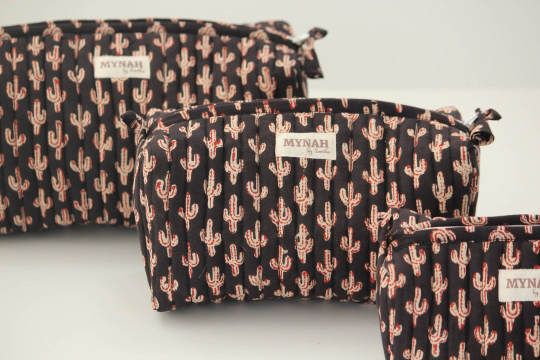 Quilted hand block print floral travel make-up bag