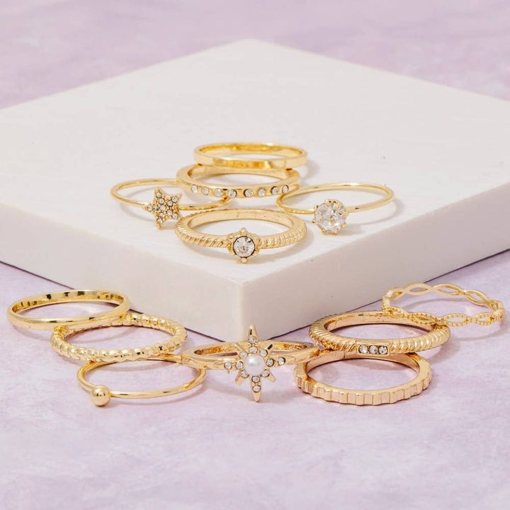 Twelve Piece Assorted Rhinestone Star Ring Set: Gold