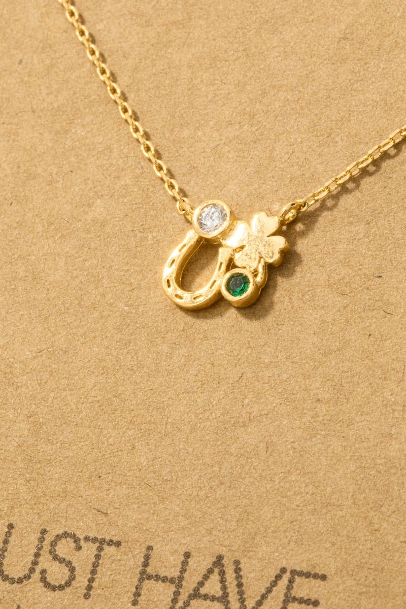 Gold Dipped Horseshoe and Clover Pendant Chain Necklace: Silver