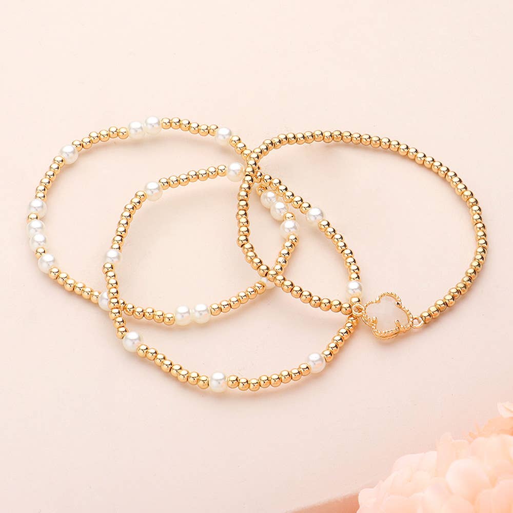 3PCS - Quatrefoil Pearl Metal Ball Beaded Stretch Bracelets: White