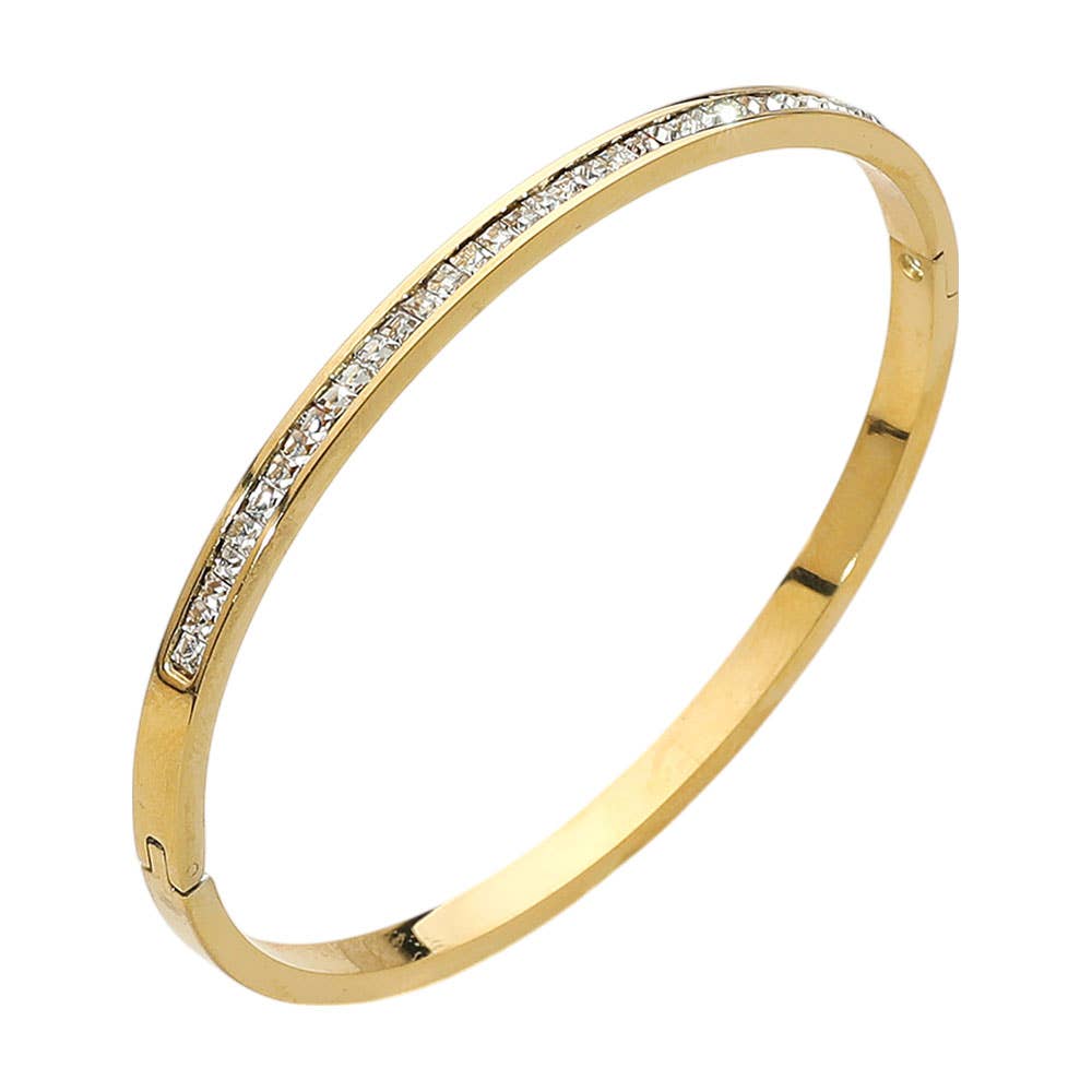 SECRET BOX_Stainless Steel Single Row Rhinestone Paved Hinged Bangle Bracelet: Rhodium