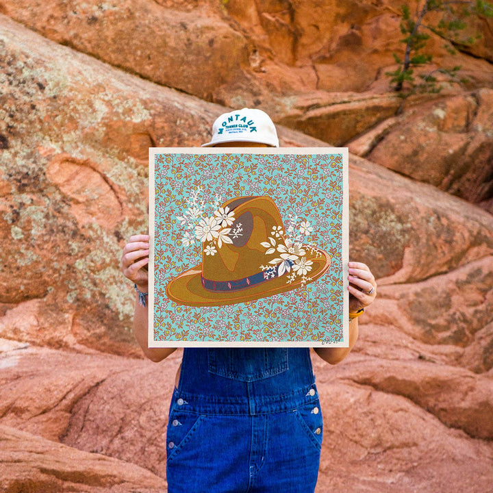 8"x8" Brown and Teal Cowboy Hat Floral Art Print: 8"x8"