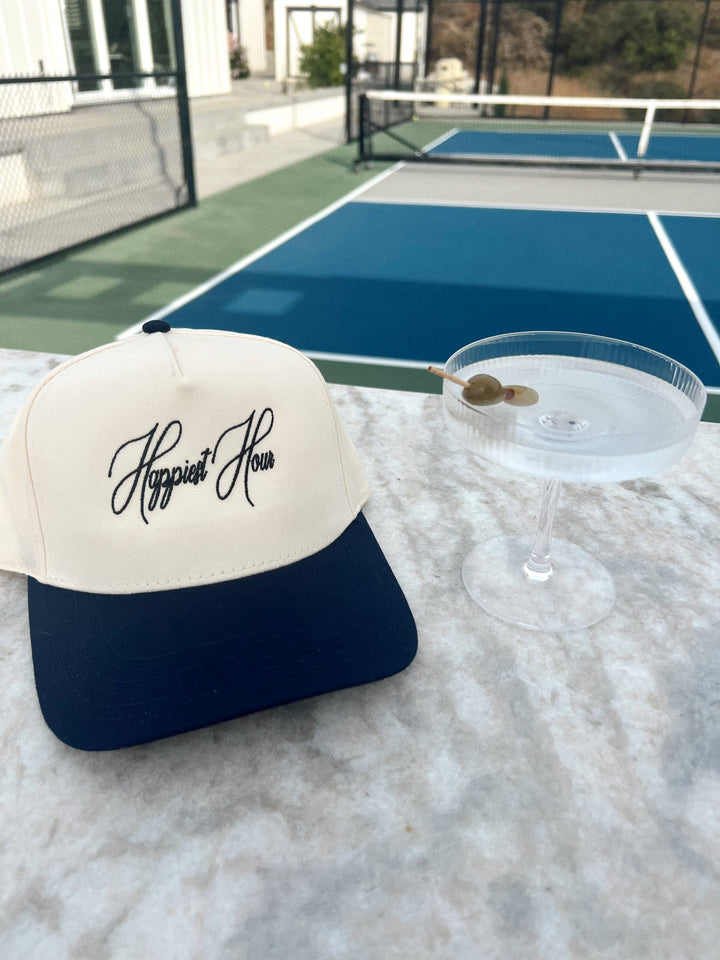 Happiest Hour-Embroidered Trucker- Nvy/Natrl Hat Blk Thread: Cream/Navy