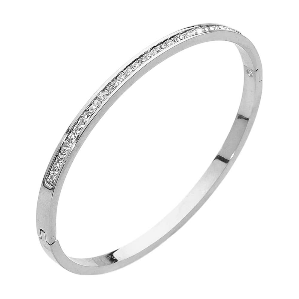 SECRET BOX_Stainless Steel Single Row Rhinestone Paved Hinged Bangle Bracelet: Rhodium
