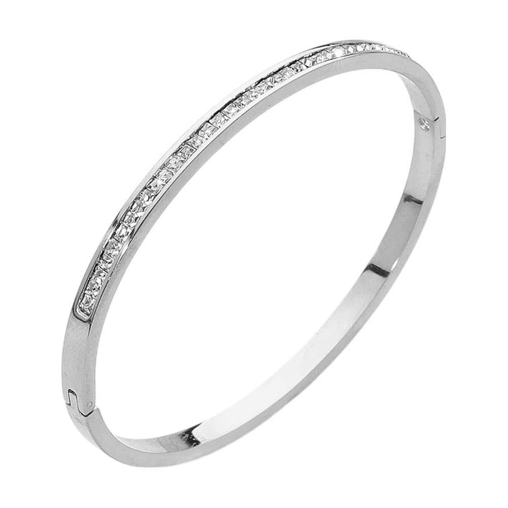 SECRET BOX_Stainless Steel Single Row Rhinestone Paved Hinged Bangle Bracelet: Rhodium
