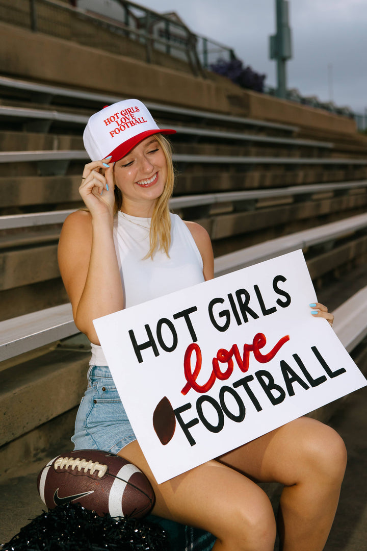 Hot Girls Love Football- Embroidered Hat - Game Day Hat: Red/White- Red Thread
