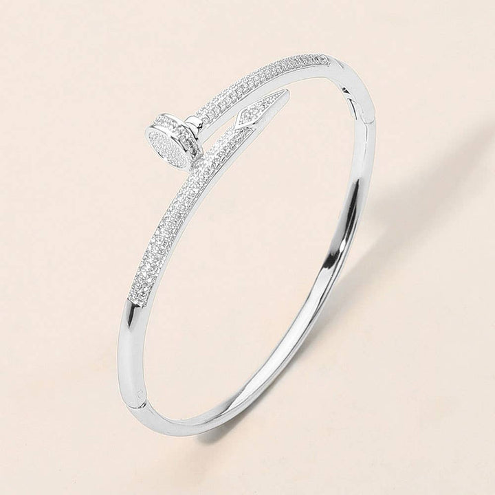 CZ Stone Paved Nailhead Accent Hinged Bangle Bracelet: Rhodium