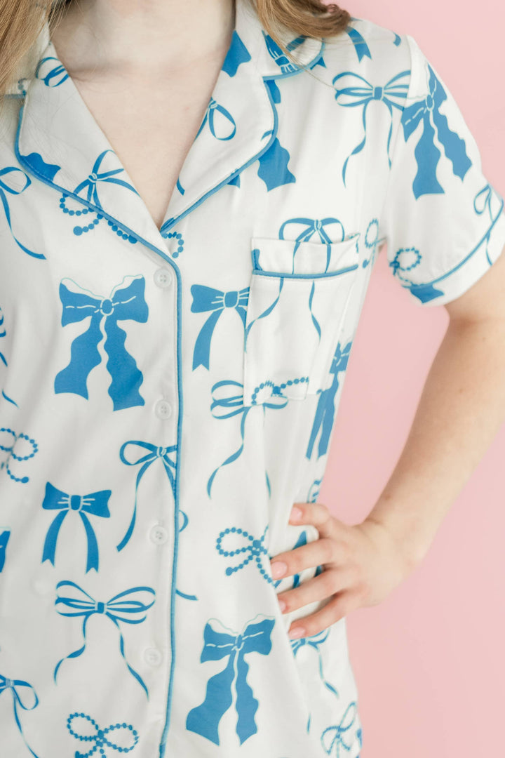Blue and Cream Bows Short Sleeve Loungewear Pajama Set: XL