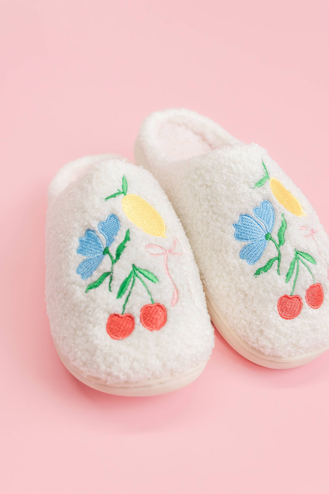 Fuzzy Plush Slippers with Fruit Cocktail Embroidery: Large