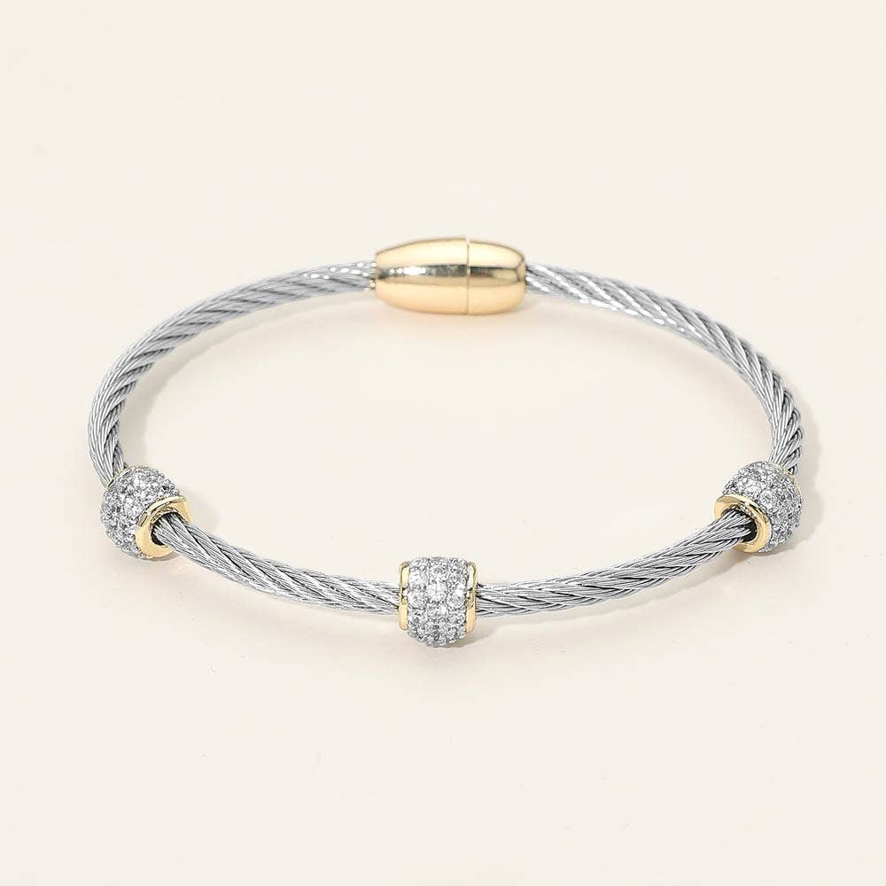 14K Gold Plated Two Tone CZ Stone Paved Cluster Accent Twisted Magnetic Bangle Bracelet