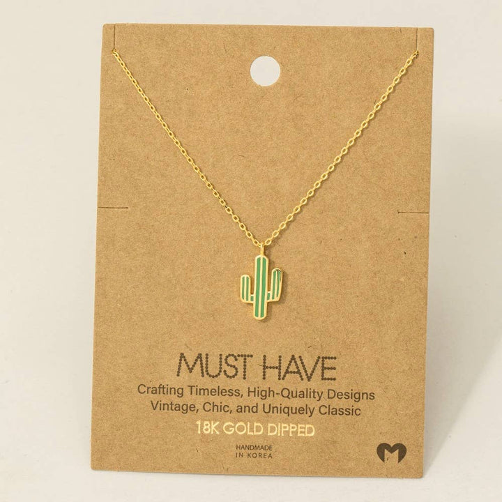 Gold Dipped Enamel Cactus Pendant Necklace: MI