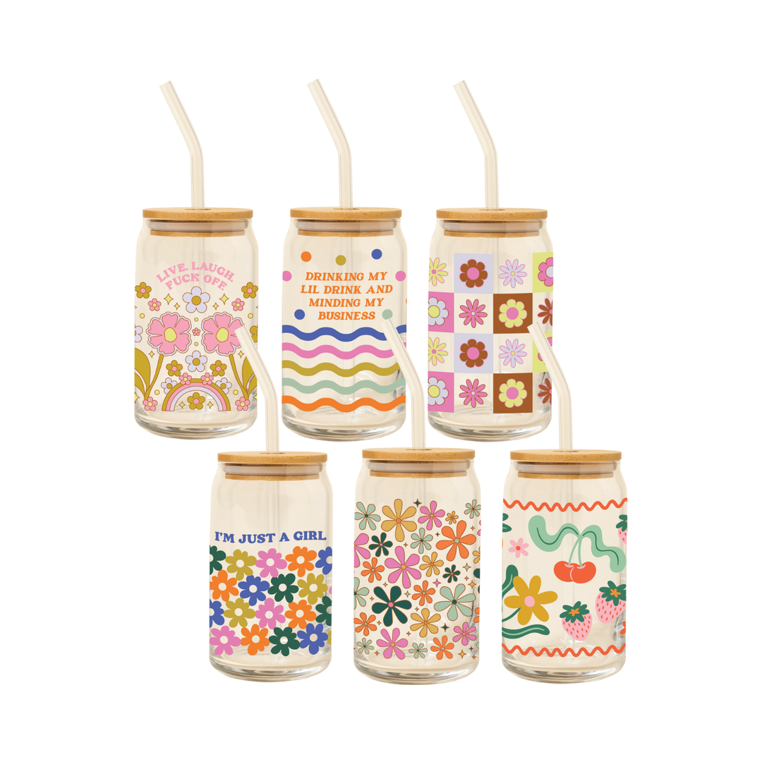 Can Glass w/Lid + Straw: Cutie Fruity