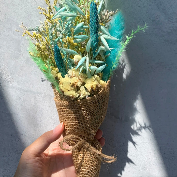Assorted Vibrant Dried Flowers Burlap Bouquet