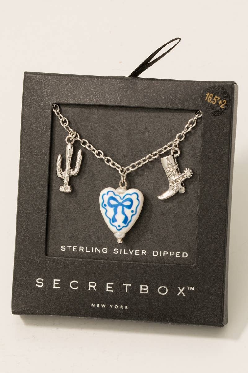 Gold Dipped Ceramic Bow Heart Western Charms Chain Necklace: GD