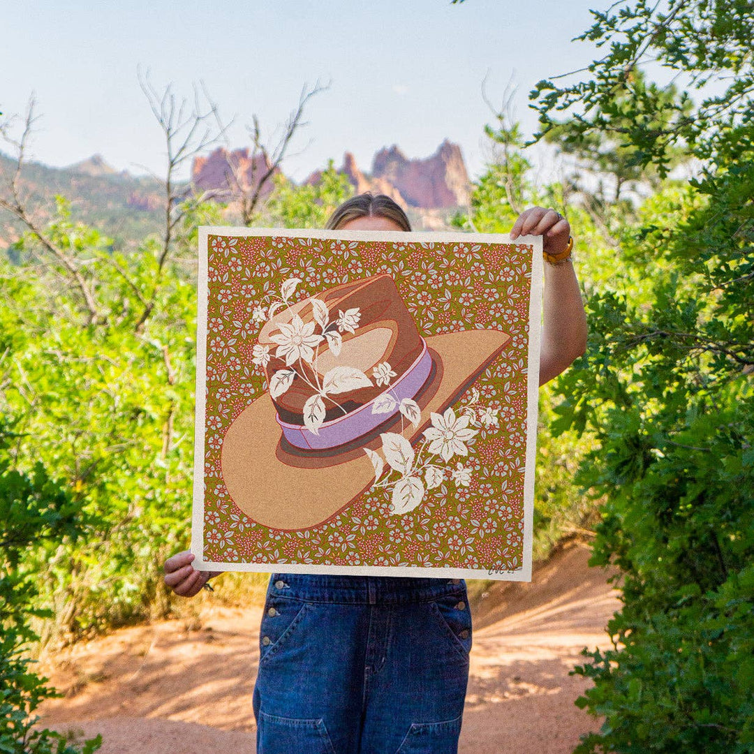8"x8" Lavender and Brown Cowboy Hat Floral Art Print: 8"x8"