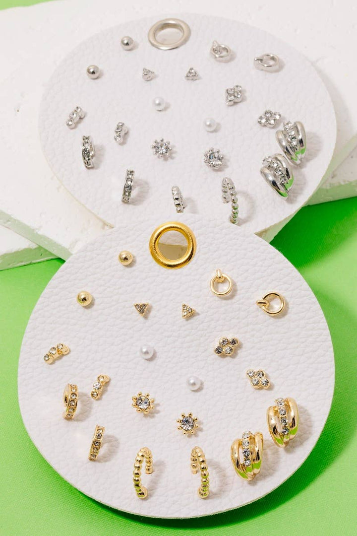Mixed Pearl And Gem Stud And Hoop Earrings Set: Gold