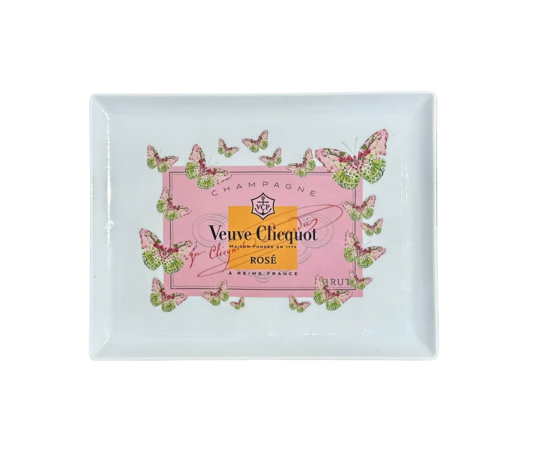 Coupe Tray - champagne label with dancing butterflys