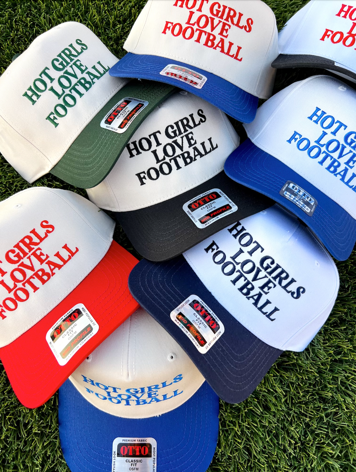 Hot Girls Love Football- Embroidered Hat - Game Day Hat: Red/White- Red Thread