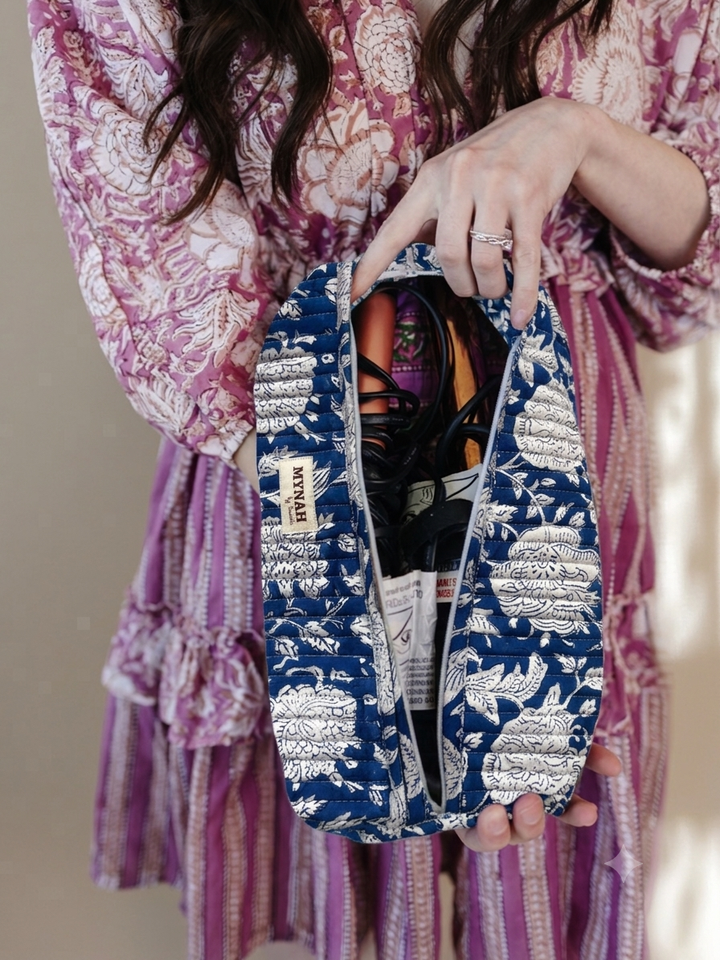 Mynah Hand-Block Printed Quilted Hair Tool Bag/Dyson travel