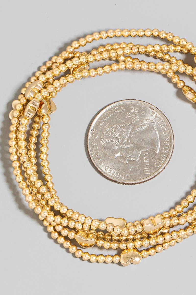 Metallic Heart Charms Beaded Bracelet Set: Gold