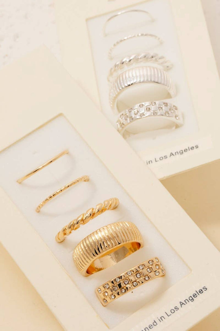 5 Piece Mixed Band Rings Set: Gold