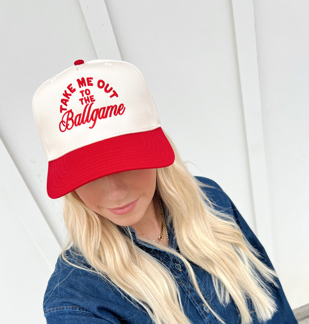 Take Me Out To The Ballgame-Baseball Hat: Red/Natural Hat