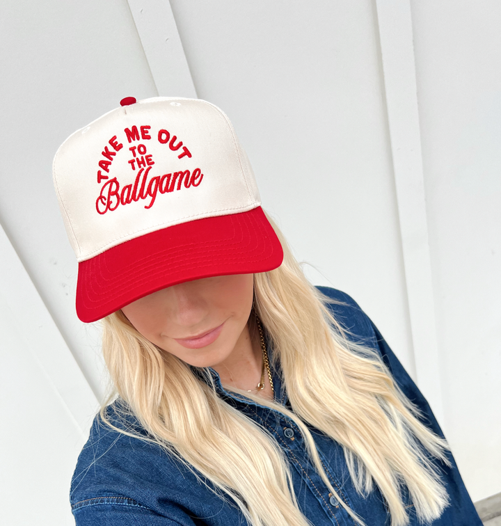 Take Me Out To The Ballgame-Baseball Hat: Red/Natural Hat