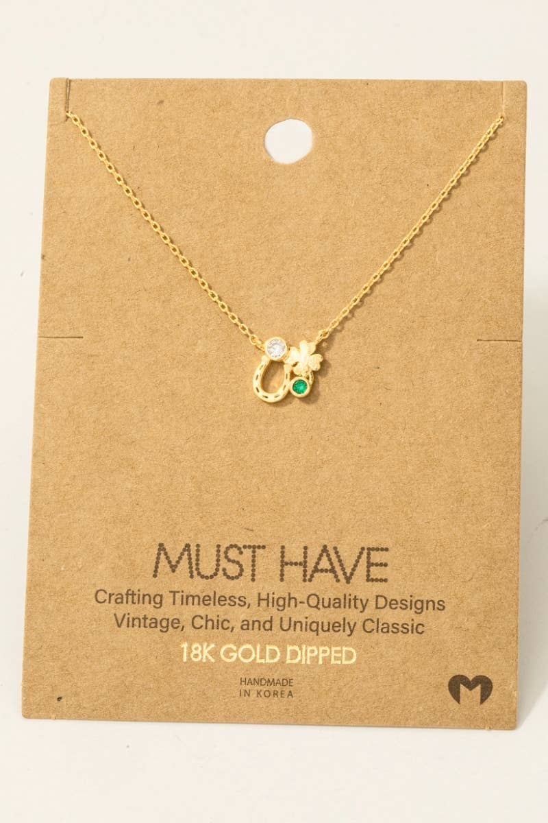 Gold Dipped Horseshoe and Clover Pendant Chain Necklace: Silver