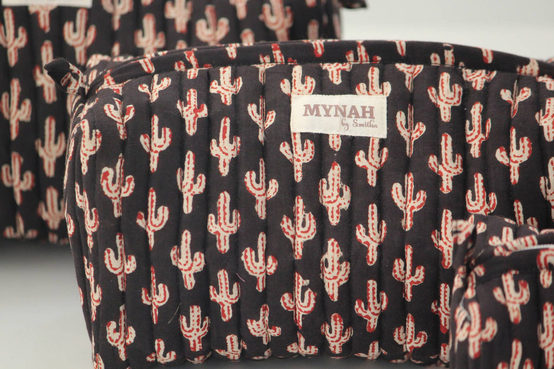 Quilted hand block print floral travel make-up bag