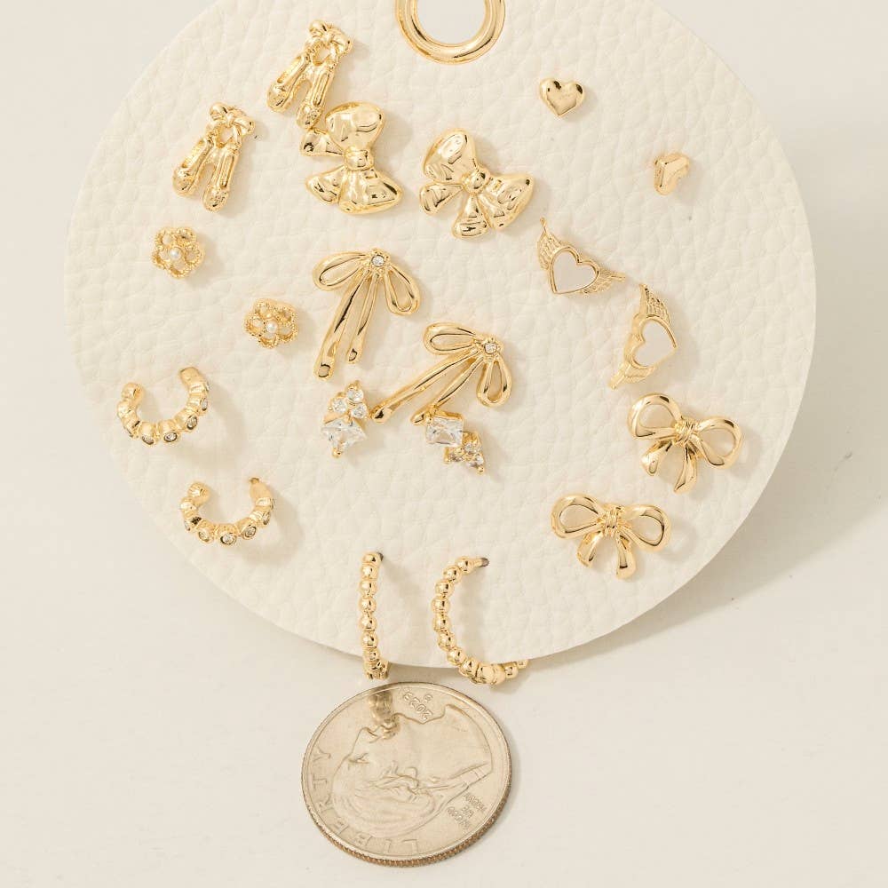 10 Piece Mixed Ribbon Bows Stud And Hoop Earrings Set: Gold